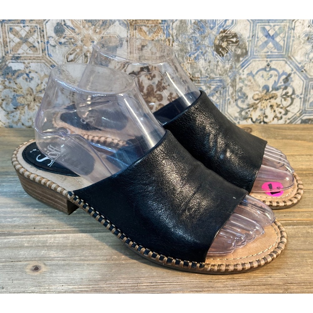 Sofft Leather Slide Sandals Whipstitch Mules Womens 7 Black Excellent